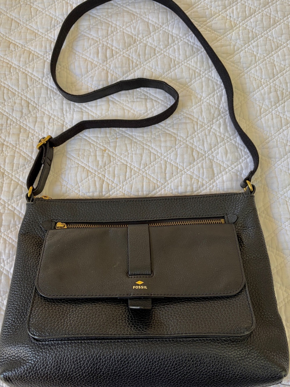 Fossil Black Pebbled Leather Crossbody with Front Flap Pocket